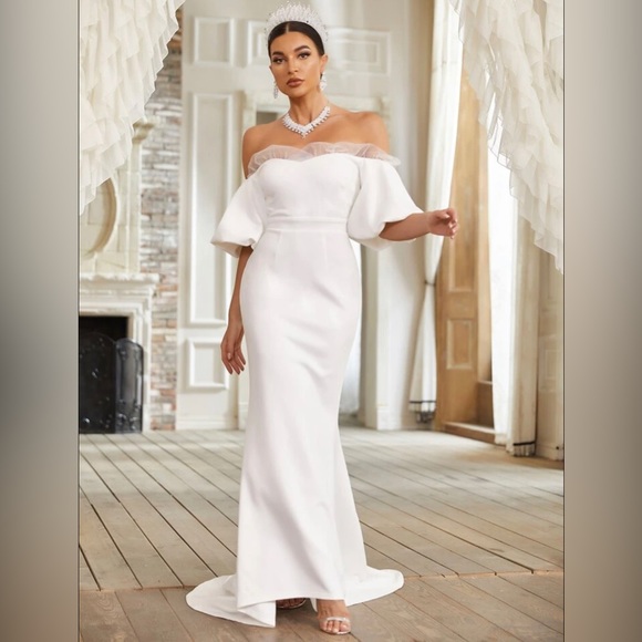 Giffniseti Dresses & Skirts - NWT - Giffniseti Off Shoulder Contrast Mesh Mermaid Hem Wedding Dress Sz 6